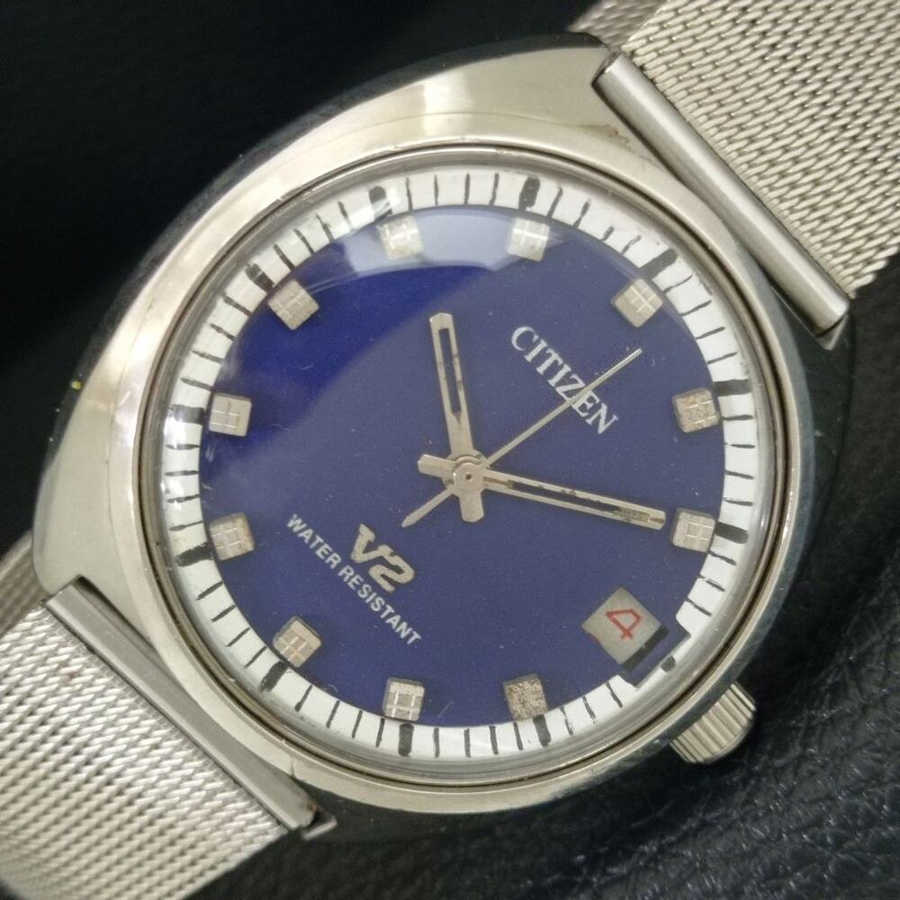 Vintage 1979 Citizen Manual Wound Mens Silver Watch W/Date & Blue accents